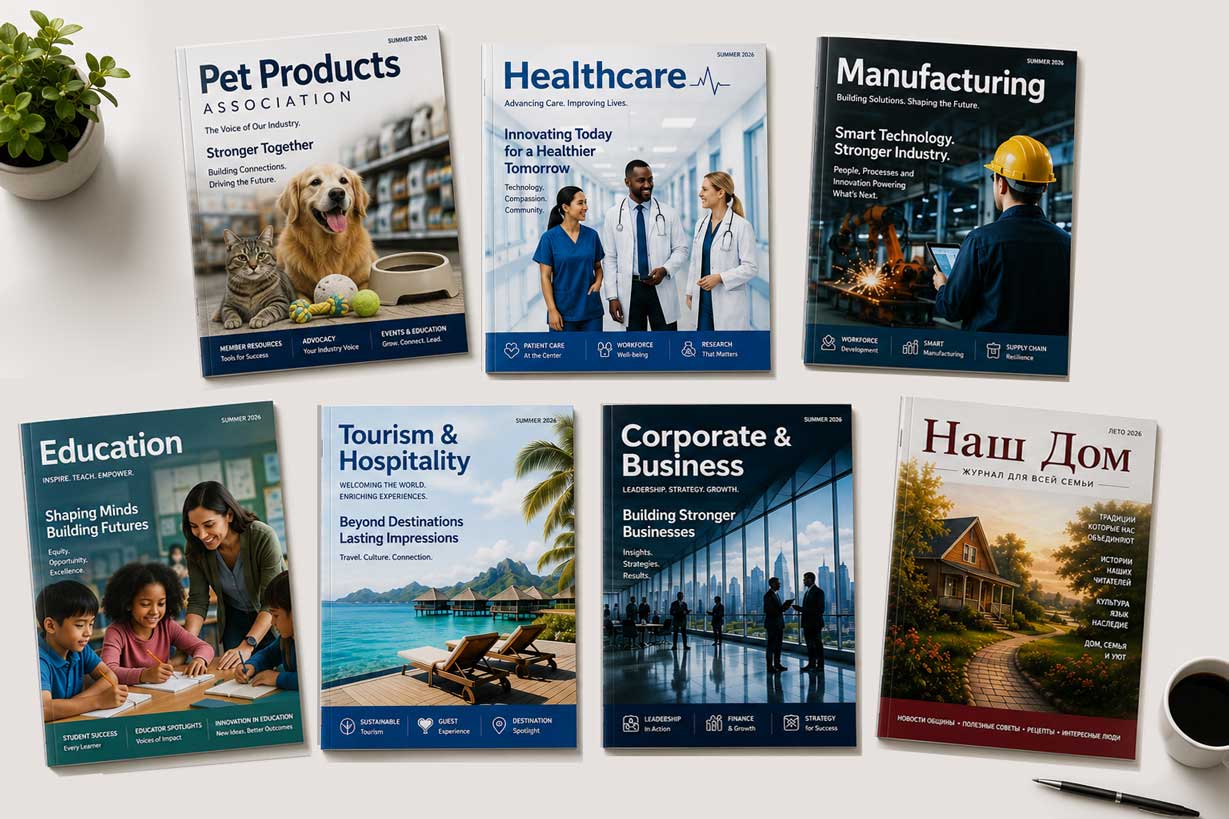 Commercial printing press with finished magazines, catalogs and reports