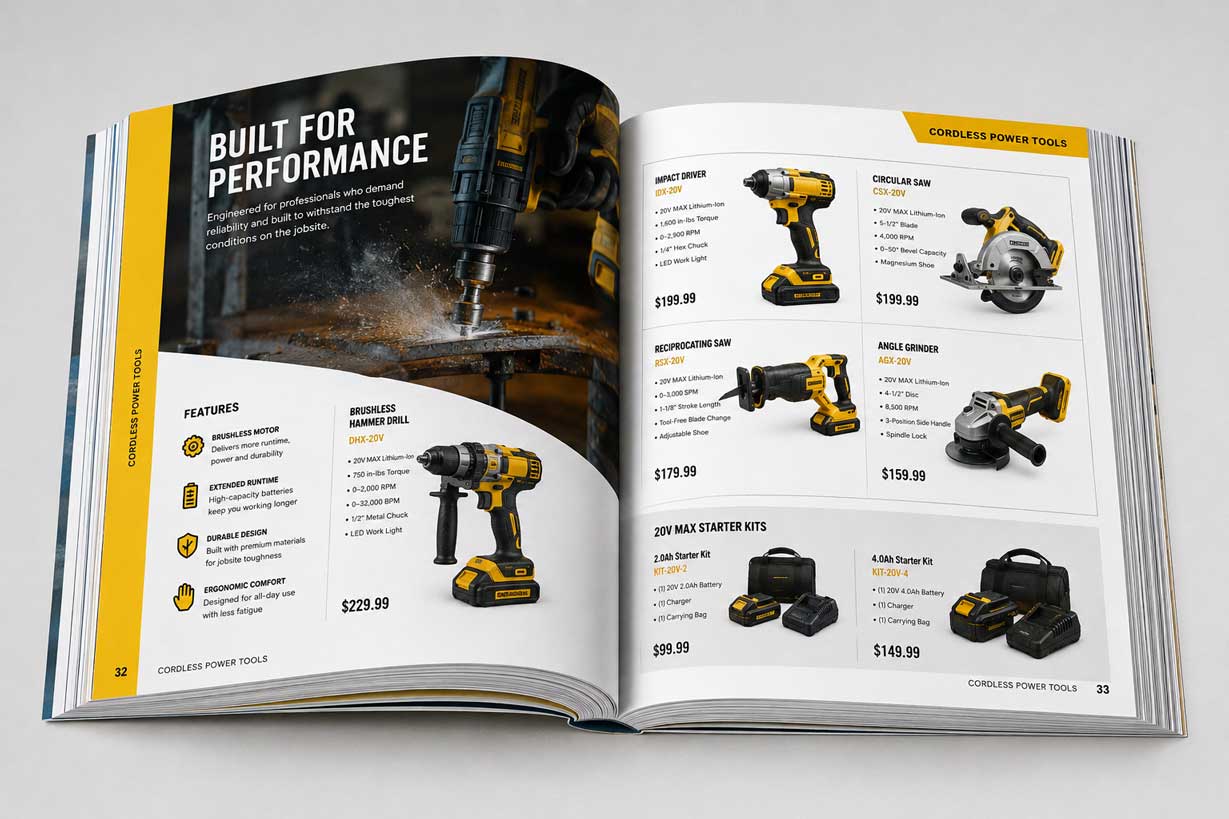Thick product catalog showing product spreads